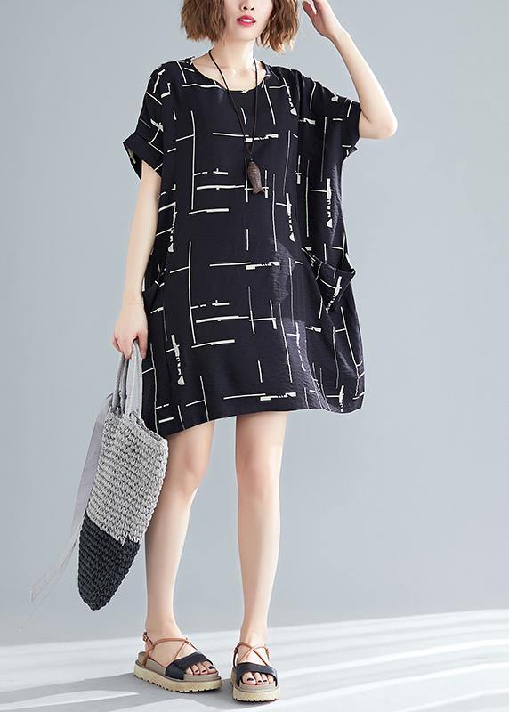Organic Black Print Cotton Quilting Dresses Korea Outfits O Neck Pockets Short Summer Dresses