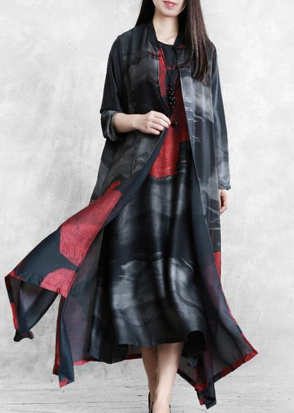 Organic Black Print Crane Dress Sewing Stand Chinese Button Cardigan