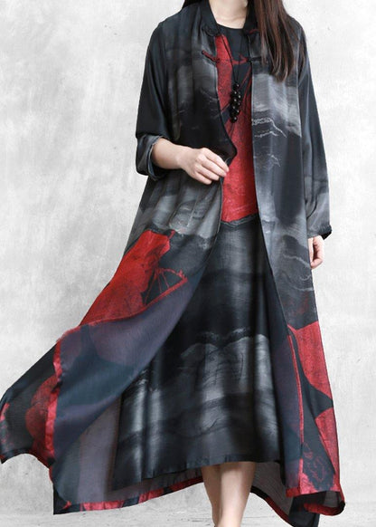 Organic Black Print Crane Dress Sewing Stand Chinese Button Cardigan