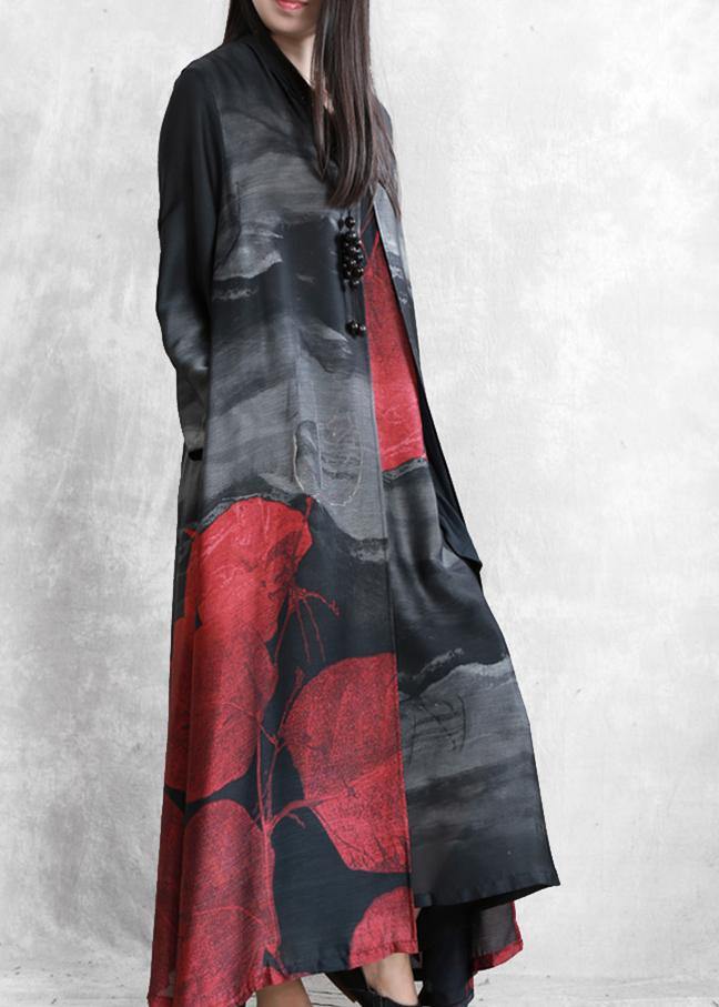 Organic Black Print Crane Dress Sewing Stand Chinese Button Cardigan