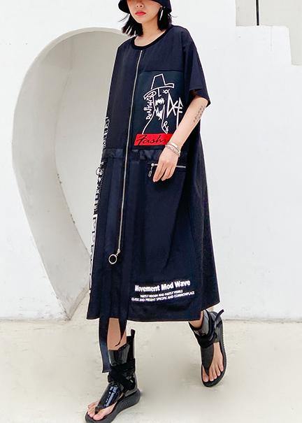 Organic Black Print Cotton Tunics O Neck Zippered Maxi Dresses