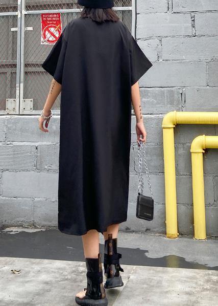 Organic Black Print Cotton Tunics O Neck Zippered Maxi Dresses
