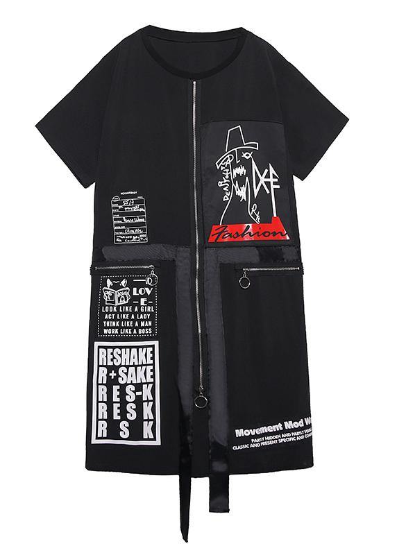 Organic Black Print Cotton Tunics O Neck Zippered Maxi Dresses