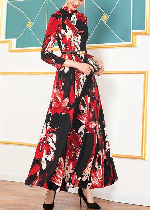 Organic Black Prints Cotton Tunics Tie Waist Robe Half High Neck Dresses