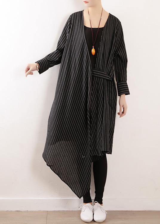 Organic Black Striped Cotton Long Shirts V Neck Asymmetric Maxi Dresses