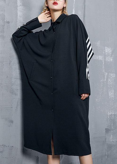 Organic Black Striped Cotton Clothes Lapel Button Art Dresses