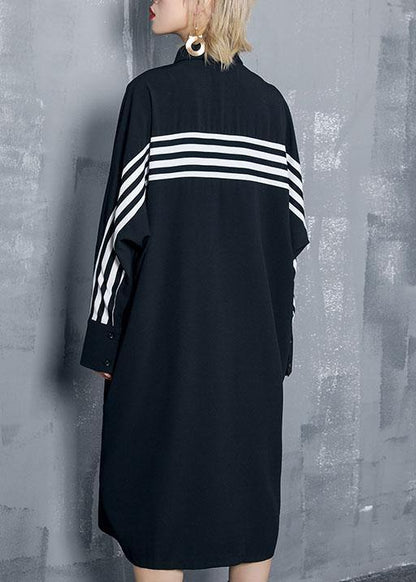 Organic Black Striped Cotton Clothes Lapel Button Art Dresses