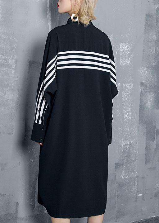 Organic Black Striped Cotton Clothes Lapel Button Art Dresses