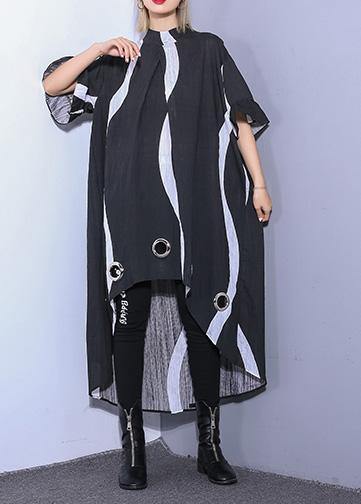 Organic Black Striped Cotton Dresses Low High Design Robe Summer Dress