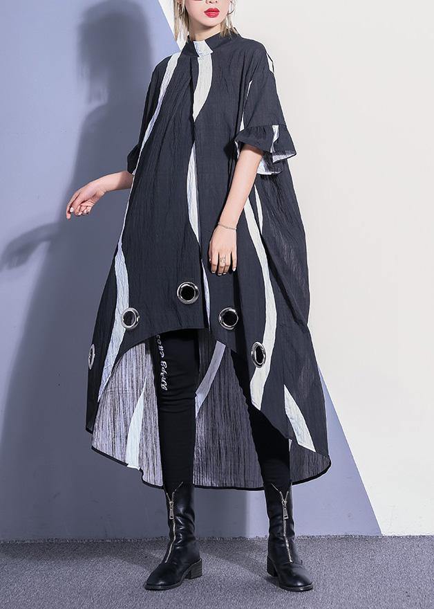 Organic Black Striped Cotton Dresses Low High Design Robe Summer Dress