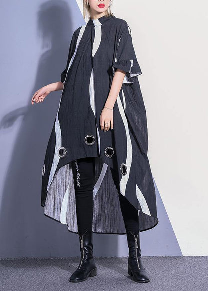 Organic Black Striped Cotton Dresses Low High Design Robe Summer Dress