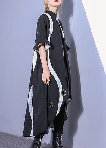 Organic Black Striped Cotton Dresses Low High Design Robe Summer Dress