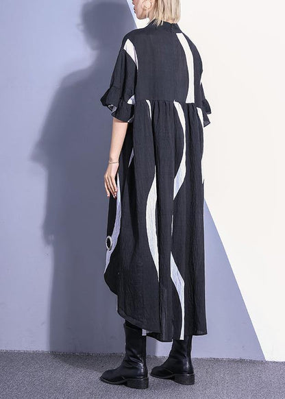 Organic Black Striped Cotton Dresses Low High Design Robe Summer Dress