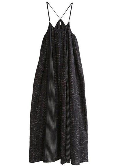 Organic Black Striped Quilting Dresses Spaghetti Strap Maxi Summer Dress