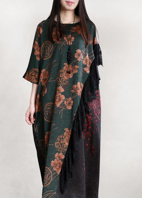 Organic Blackish Green Print Robes O Neck Patchwork Long Dresses