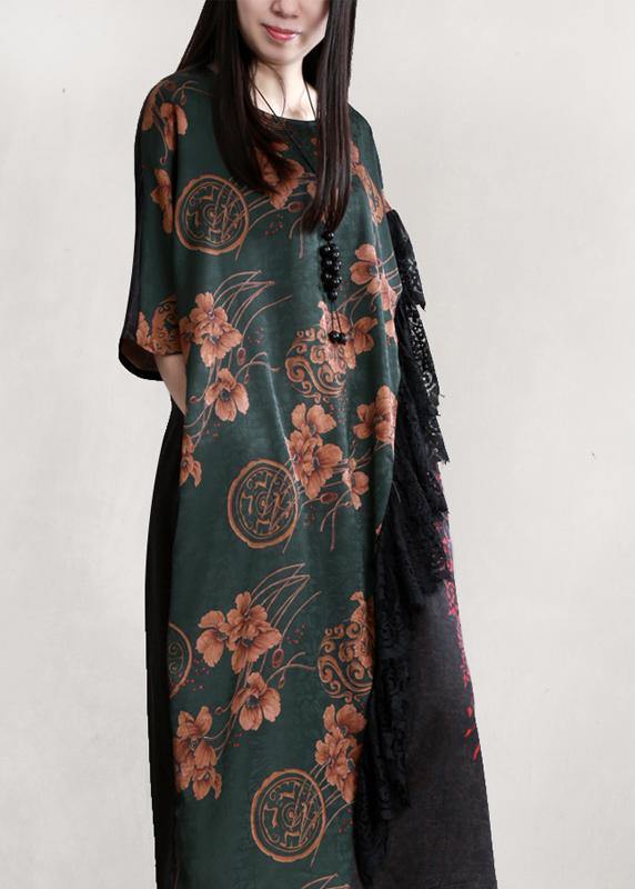 Organic Blackish Green Print Robes O Neck Patchwork Long Dresses