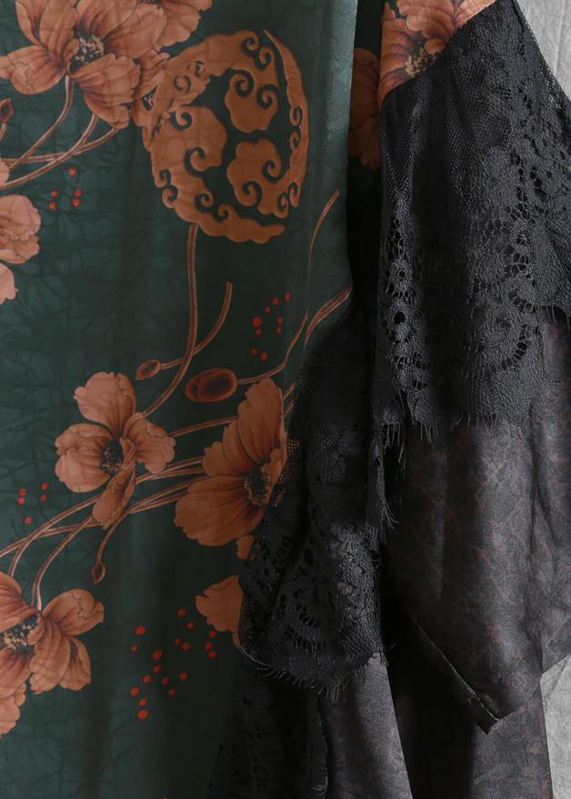 Organic Blackish Green Print Robes O Neck Patchwork Long Dresses