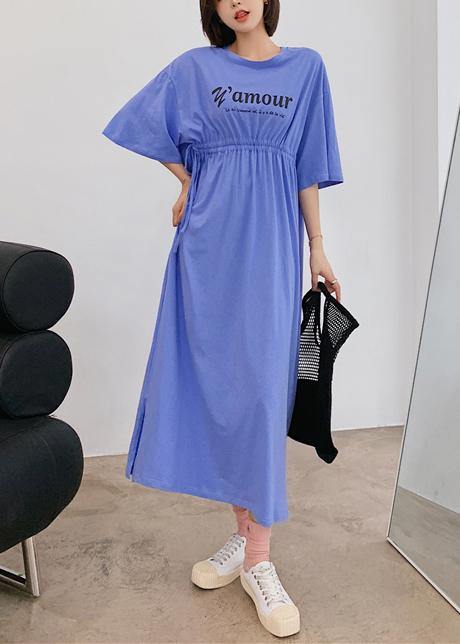 Organic Blue Letter Clothes for O Neck Cinched Robe Dress