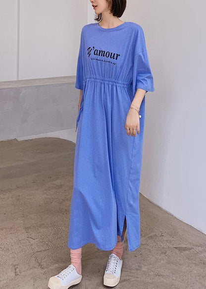 Organic Blue Letter Clothes for O Neck Cinched Robe Dress