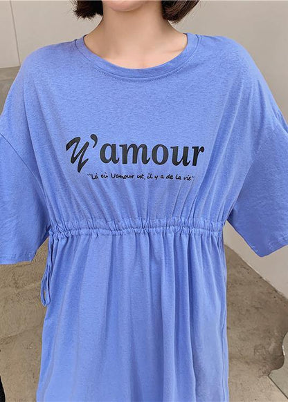 Organic Blue Letter Clothes for O Neck Cinched Robe Dress