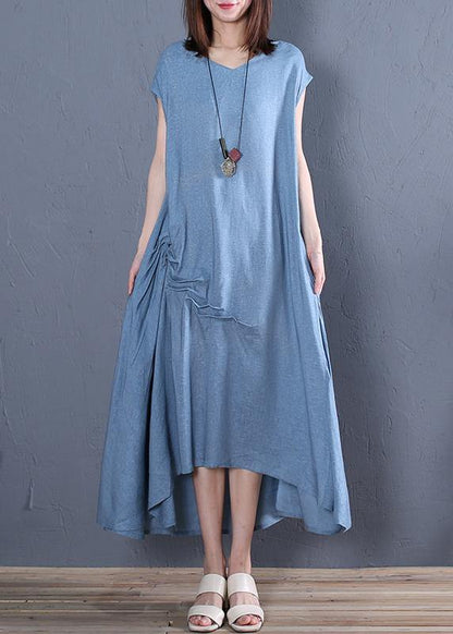 Organic Blue Cotton Clothes for V Neck Cinched Loose Dresses