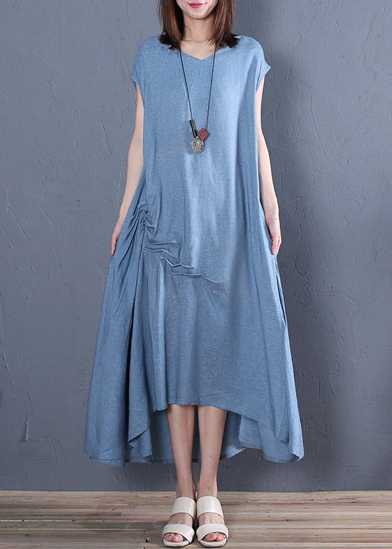 Organic Blue Cotton Clothes for V Neck Cinched Loose Dresses