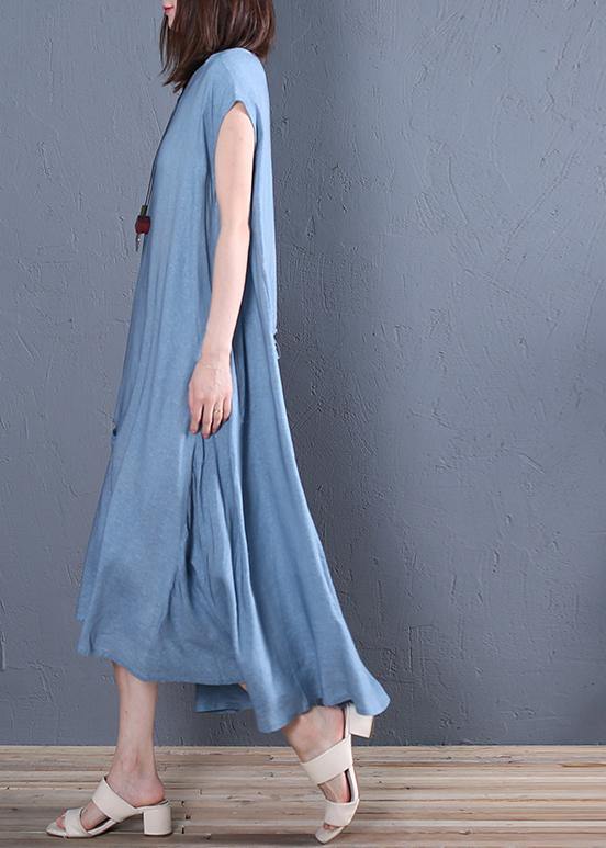 Organic Blue Cotton Clothes for V Neck Cinched Loose Dresses