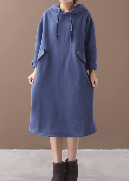 Organic Blue False Pockets Cotton Wardrobes Winter Long Hooded Dress