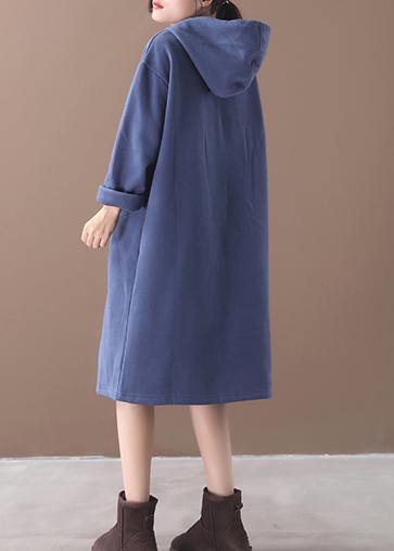 Organic Blue False Pockets Cotton Wardrobes Winter Long Hooded Dress