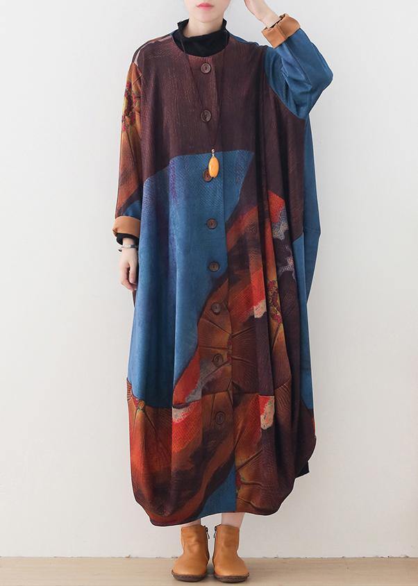 Organic Blue Print Dresses O Neck Batwing Sleeve Maxi Fall Dress