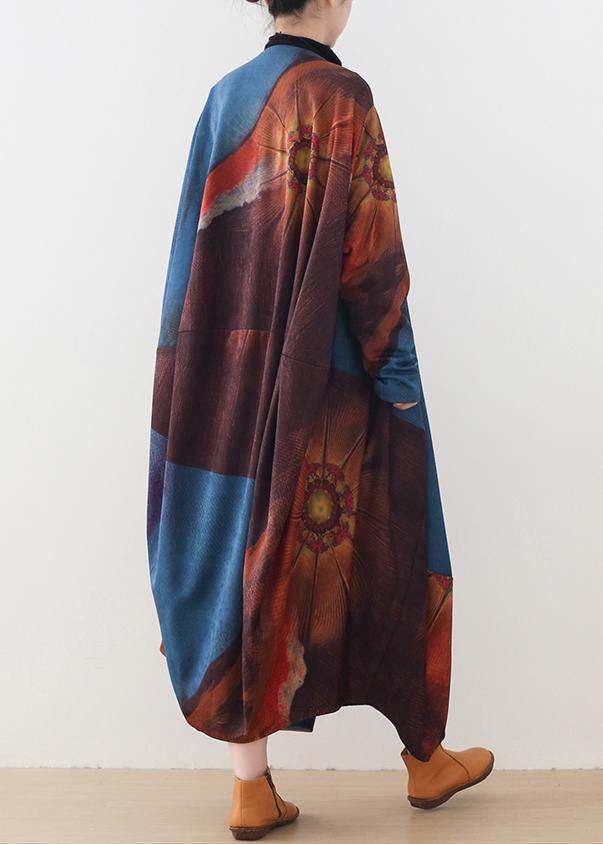 Organic Blue Print Dresses O Neck Batwing Sleeve Maxi Fall Dress