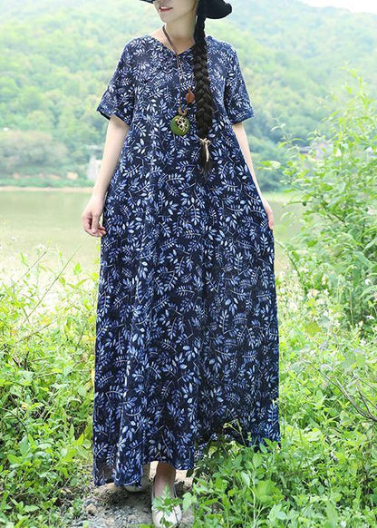Organic Blue Print Linen Robes Pakistani Work Chinese Button Maxi Summer Dress