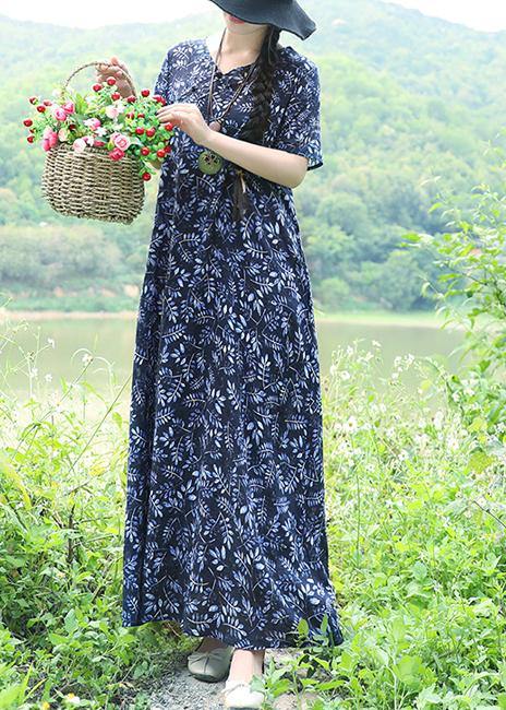 Organic Blue Print Linen Robes Pakistani Work Chinese Button Maxi Summer Dress