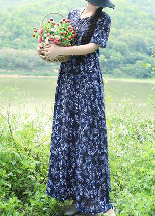 Organic Blue Print Linen Robes Pakistani Work Chinese Button Maxi Summer Dress