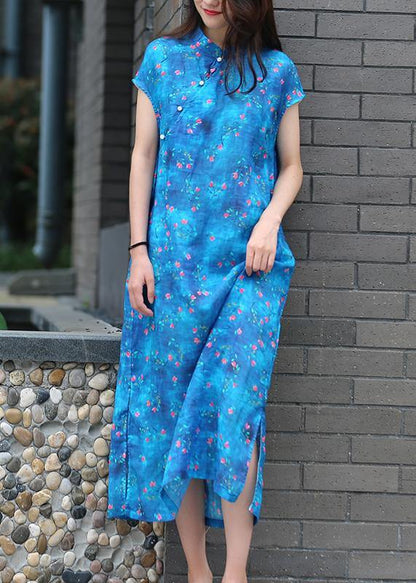 Organic Blue Print Linen Clothes for Stand Collar Side Open Kaftan Dresses