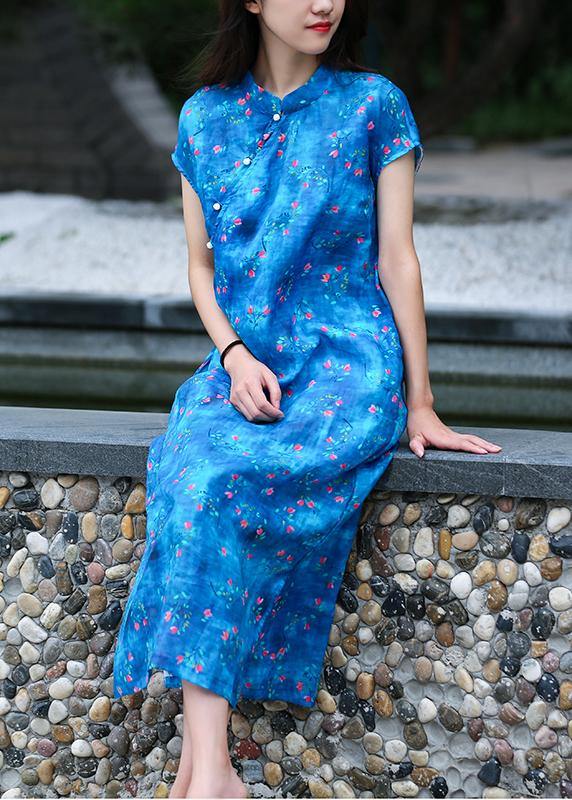 Organic Blue Print Linen Clothes for Stand Collar Side Open Kaftan Dresses
