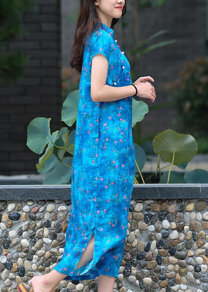 Organic Blue Print Linen Clothes for Stand Collar Side Open Kaftan Dresses