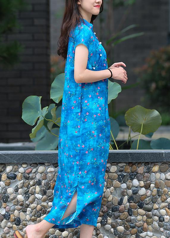 Organic Blue Print Linen Clothes for Stand Collar Side Open Kaftan Dresses