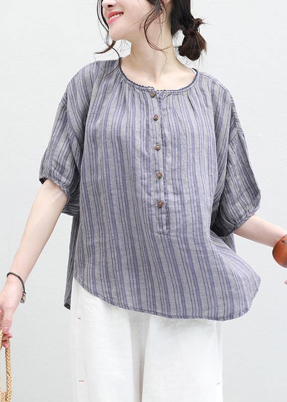 Organic Blue Striped Linen Box Top O Neck Half Sleeve Oversized Summer Blouse