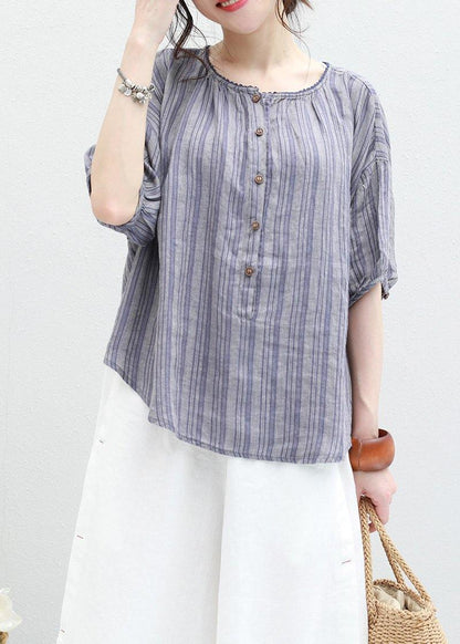 Organic Blue Striped Linen Box Top O Neck Half Sleeve Oversized Summer Blouse