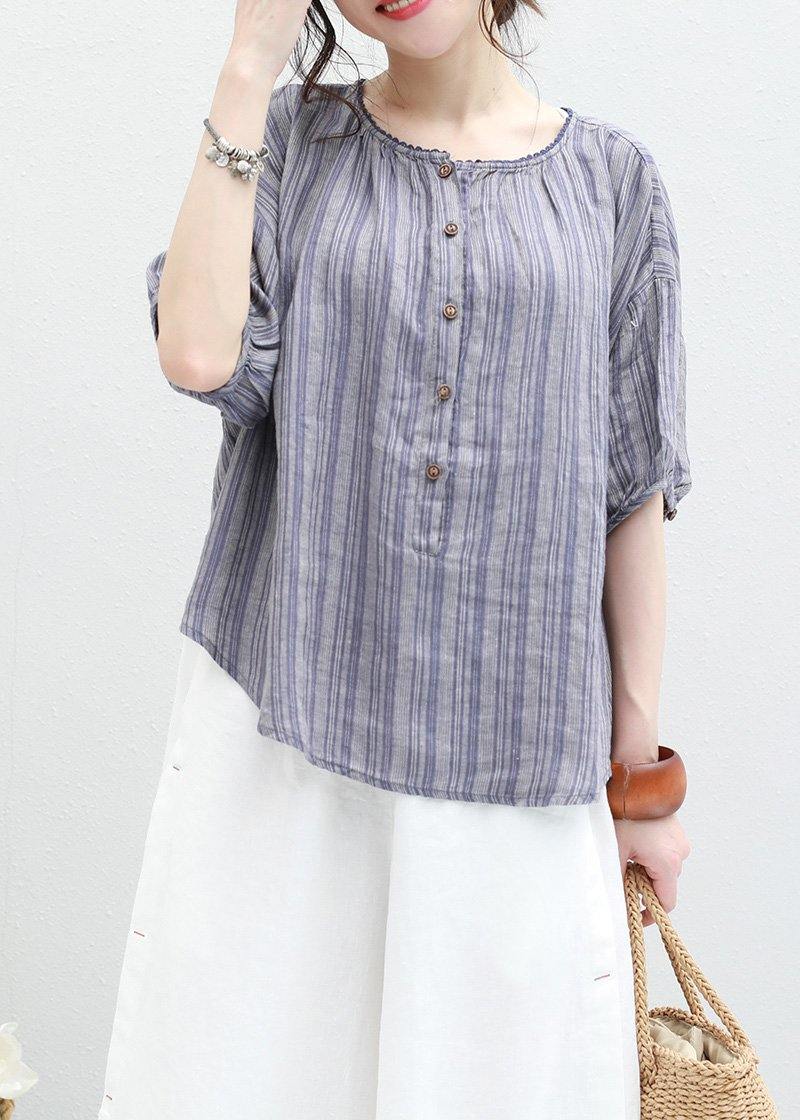 Organic Blue Striped Linen Box Top O Neck Half Sleeve Oversized Summer Blouse