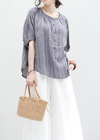 Organic Blue Striped Linen Box Top O Neck Half Sleeve Oversized Summer Blouse