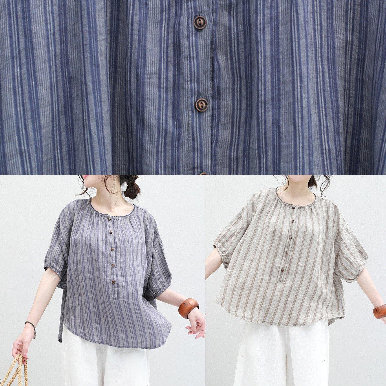 Organic Blue Striped Linen Box Top O Neck Half Sleeve Oversized Summer Blouse