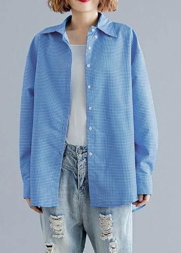 Organic Blue White Plaid Cotton Shirts Gifts Polo Collar Fall Top
