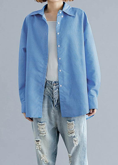 Organic Blue White Plaid Cotton Shirts Gifts Polo Collar Fall Top
