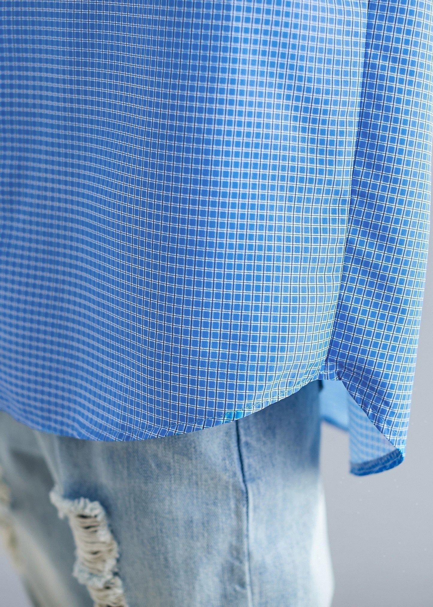 Organic Blue White Plaid Cotton Shirts Gifts Polo Collar Fall Top