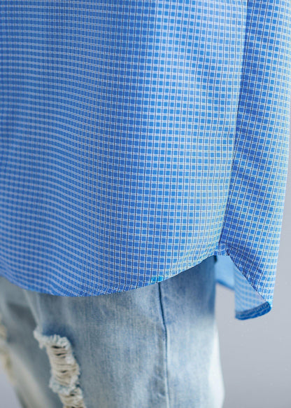 Organic Blue White Plaid Cotton Shirts Gifts Polo Collar Fall Top