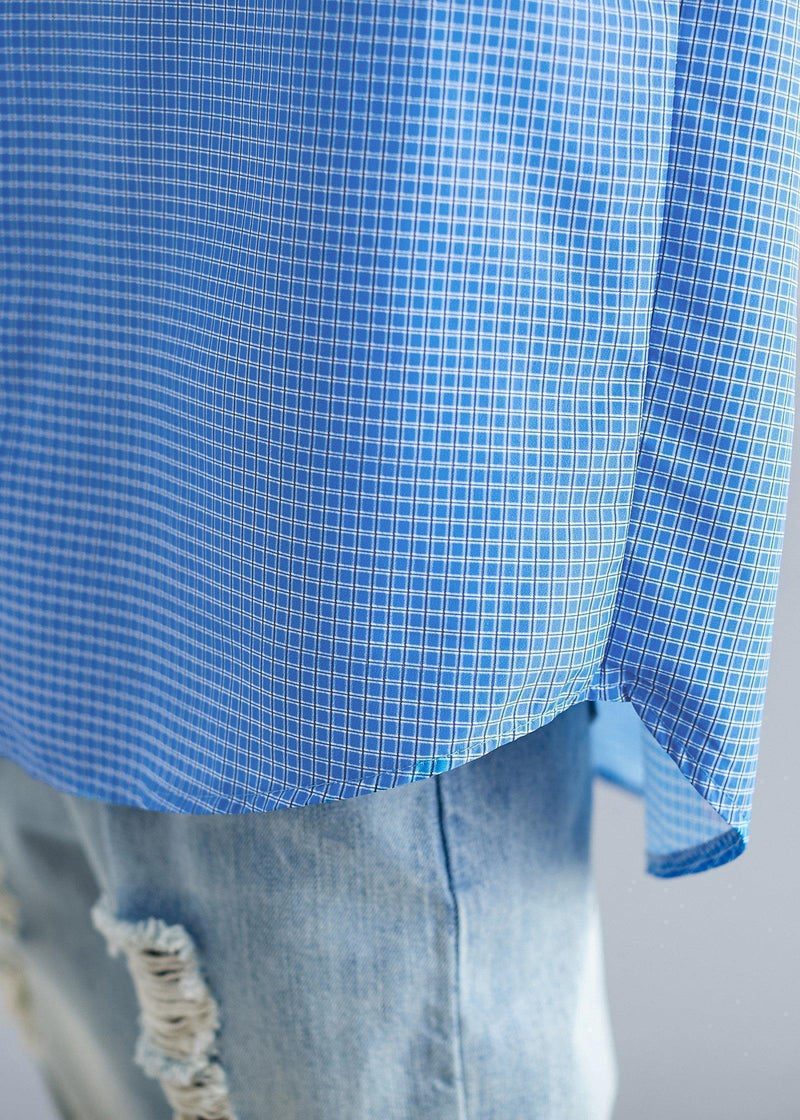 Organic Blue White Plaid Cotton Shirts Gifts Polo Collar Fall Top