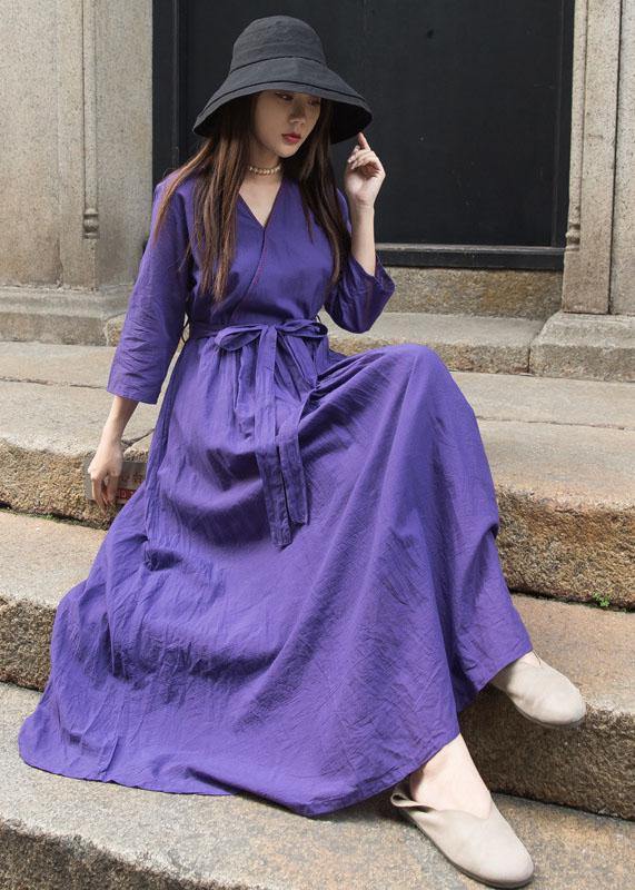 Organic Bracelet Sleeved Linen Clothes for Shape Dark Purple V Neck Dress
