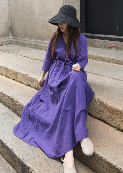 Organic Bracelet Sleeved Linen Clothes for Shape Dark Purple V Neck Dress
